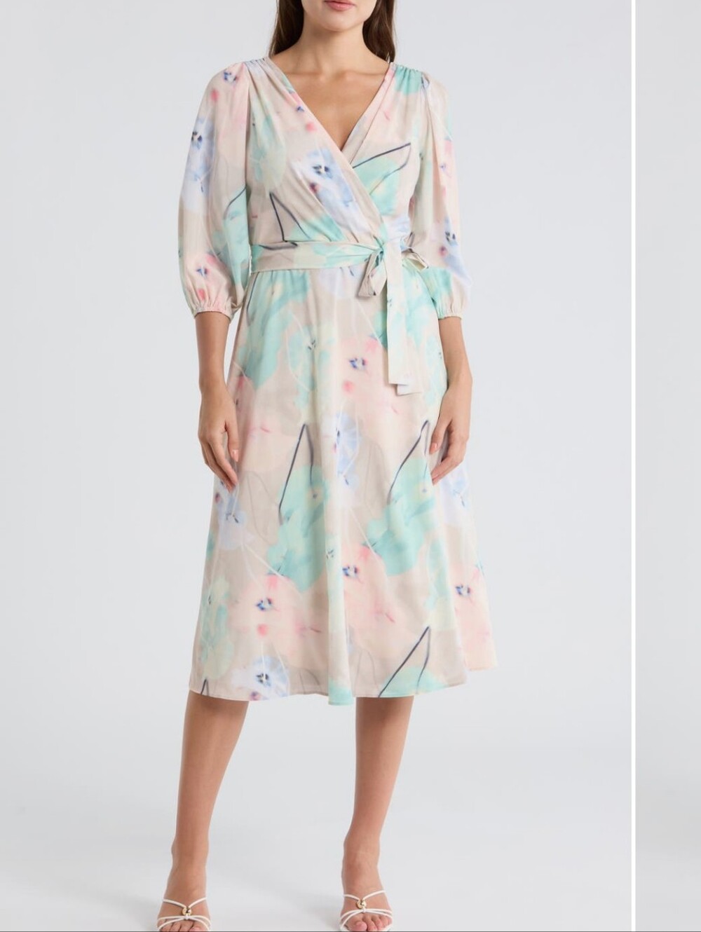 DKNY Size 10 Balloon Sleeve Pink Purple White Faux Wrap Midi Dress Msrp $139